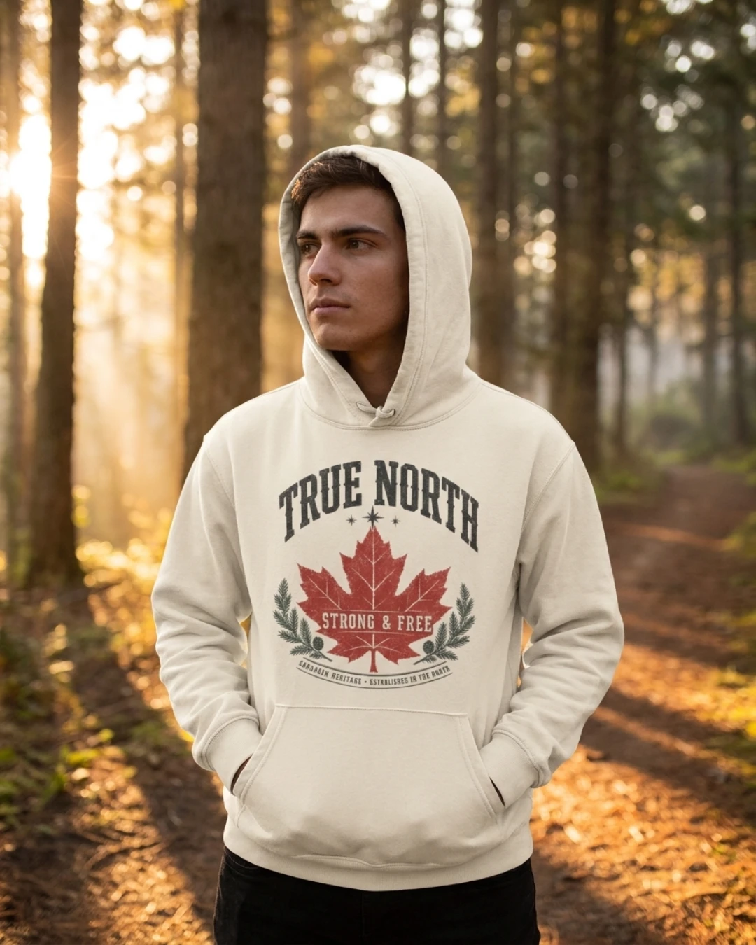 Man wearing True North Strong and Free vintage Canadian heritage hoodie on a forest trail